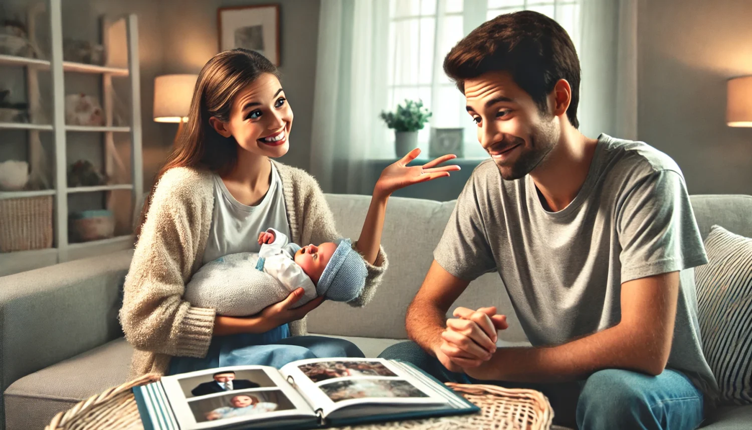 5 Strategie per Convincere il Tuo Partner a Fare un Servizio Fotografico Newborn Una giovane madre tiene amorevolmente in braccio il suo neonato, mentre cerca di convincere in modo giocoso il marito, che sorride timidamente ma sembra iniziare a cedere. La scena si svolge in un ambiente domestico accogliente, con una copertina per bambini e un album fotografico sul tavolo, evocando l'importanza di creare ricordi di famiglia.