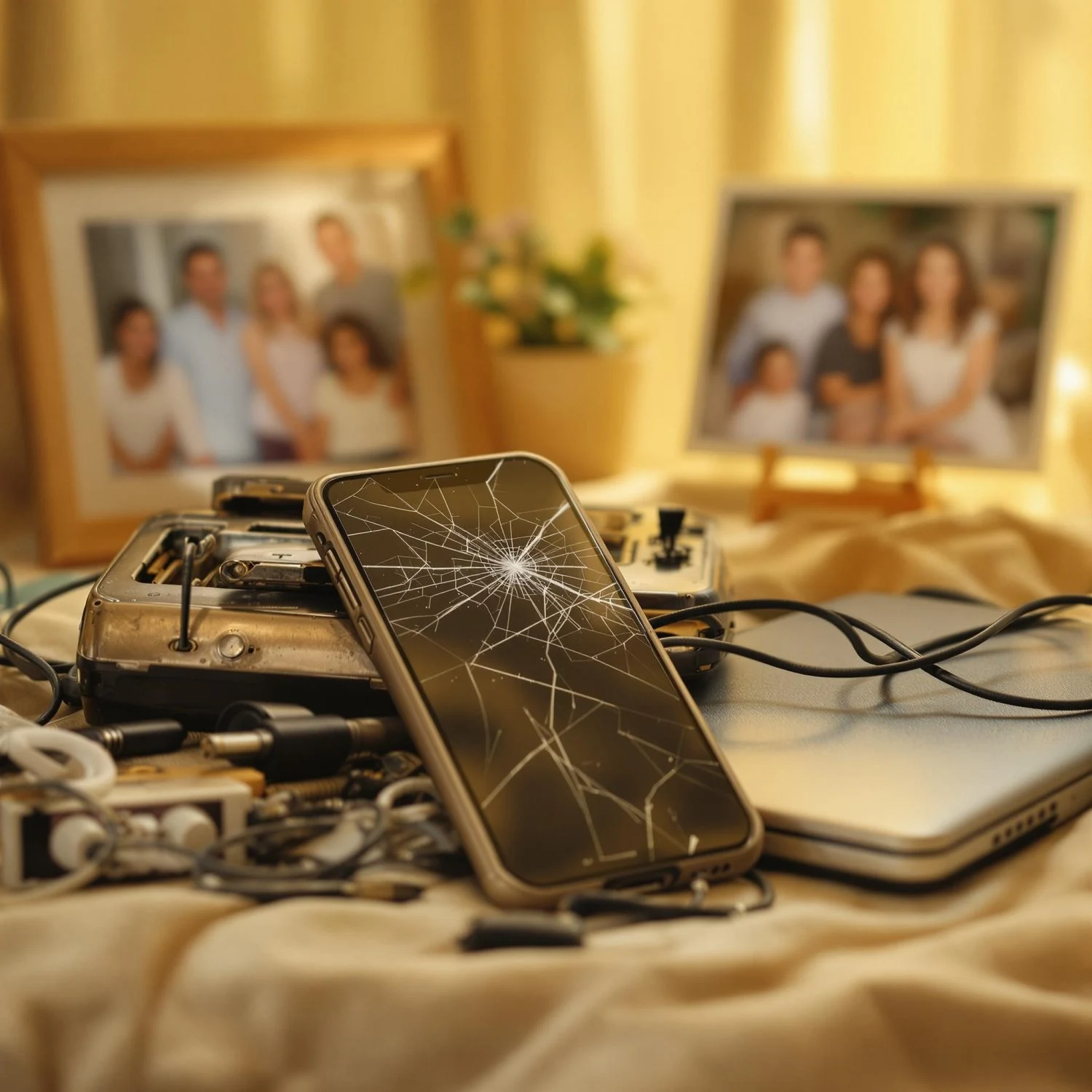 Il contrasto tra obsolescenza e ricordi senza tempo Una scena simbolica che mostra un vecchio smartphone con lo schermo rotto, cavi aggrovigliati e un tostapane danneggiato su un tavolo. Sullo sfondo, due fotografie di famiglia in cornici dorate risaltano, illuminate da una calda luce. L'immagine evidenzia il contrasto tra la tecnologia obsoleta e il valore eterno dei ricordi familiari.