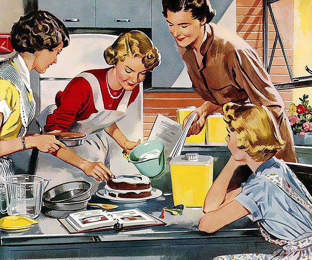 Illustrazione rétro di una madre che cucina con le figlie