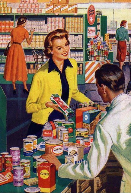 Illustrazione rétro di una madre con il figlio al supermercato