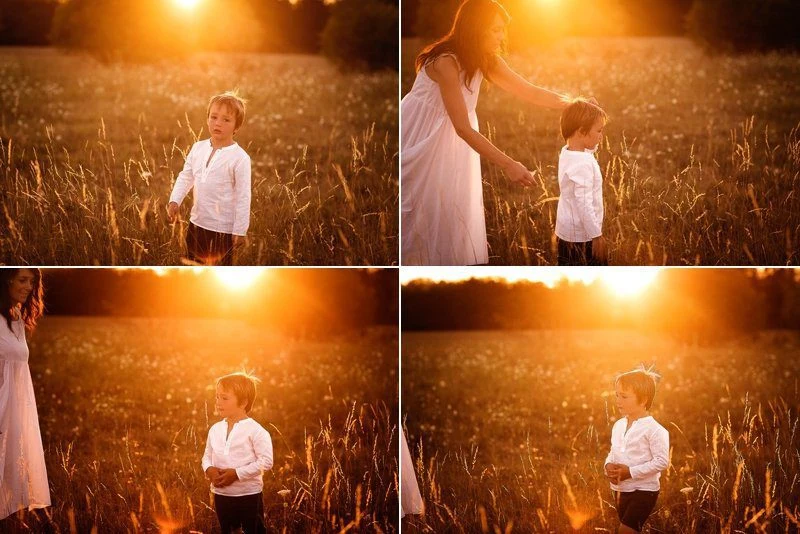 Sequenza di madre e figlio che si tengono per mano al tramonto