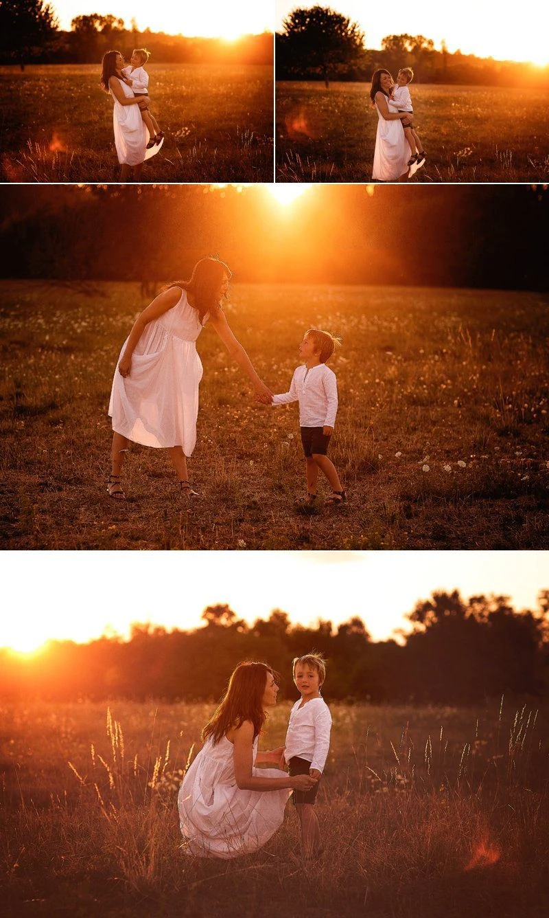 Sequenza di madre e figlio insieme in un campo al tramonto