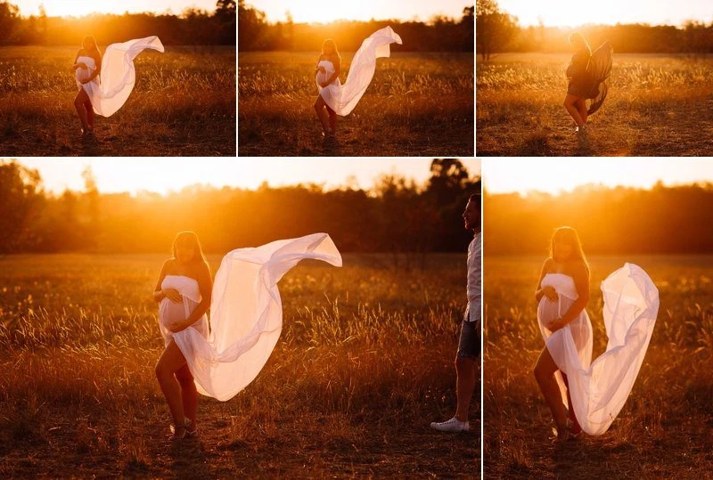 Sequenza della futura mamma che gioca con un telo bianco al tramonto
