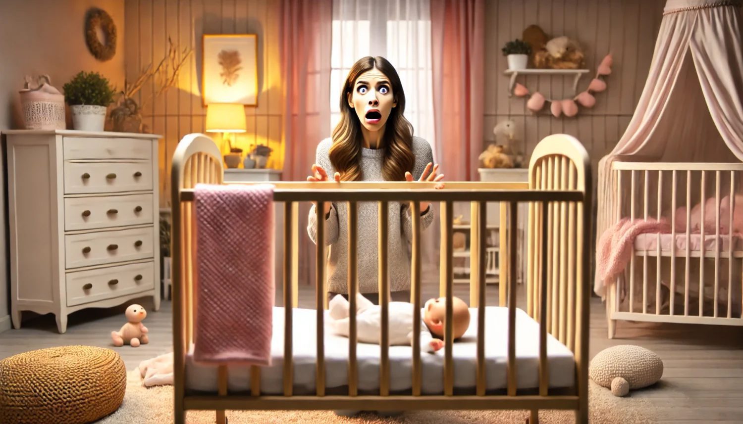 Una scena orizzontale che raffigura una madre in una nursery accogliente, decorata con toni pastello e illuminazione calda, mentre guarda dentro una culla con un'espressione terrorizzata e sorpresa. La sua postura enfatizza una reazione esagerata e umoristica, con occhi spalancati e sopracciglia sollevate, aggiungendo un tocco comico alla scena. Il bambino nella culla non è visibile.